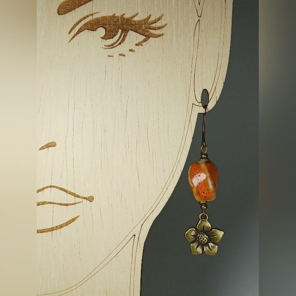 HAND CRAFTED Rustic Orange Ceramic Brass Flower Dangle Earrings - Picture 5 of 6